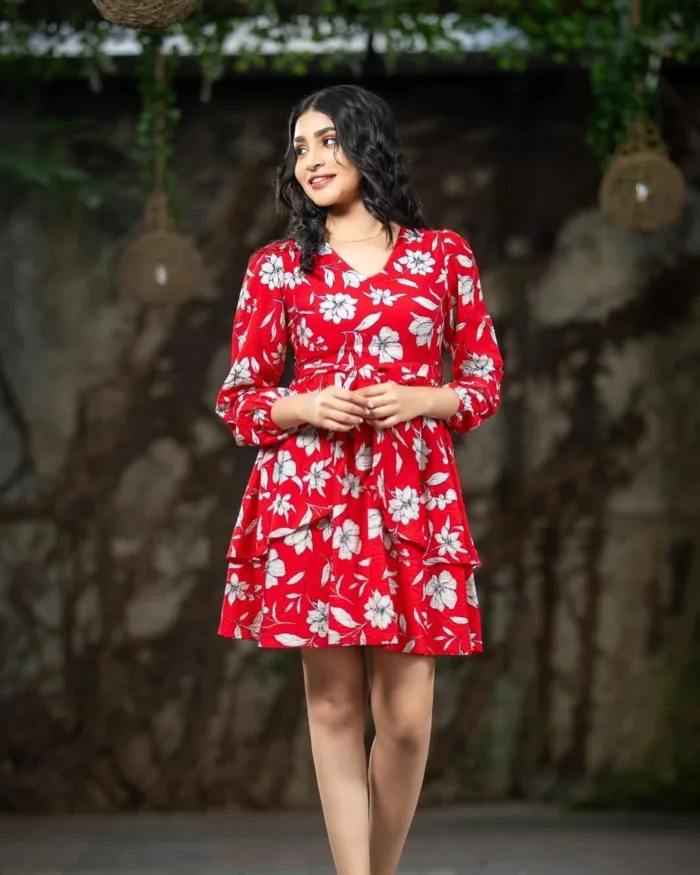V Neck Printed Short Dress - Image 1